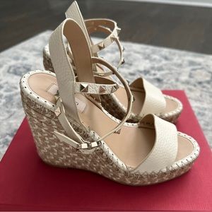 Valentino Wedge Sandals Rockstud Espadrilles  Shoes 37 Slingbacks Ivory